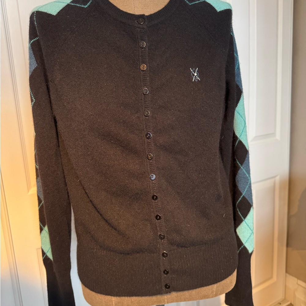 Valerie Steven’s Black and Green Argyle 100% Cashmere Cardigan
